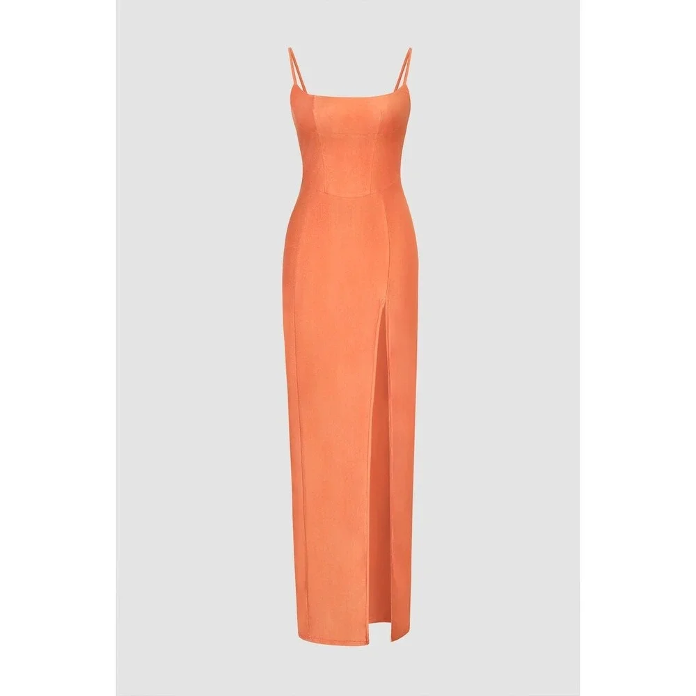 Micas Orange Maxi Dress Corset Style Slit Evening Party Cocktail‎ Dress L